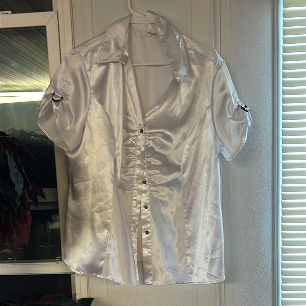 White Satin Button-Up Blouse